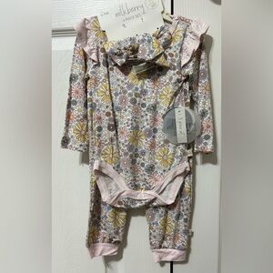 Milkberry Baby Girl 3 Piece Outfit Set Pink Floral Soft Bamboo NWT 6/9 Months